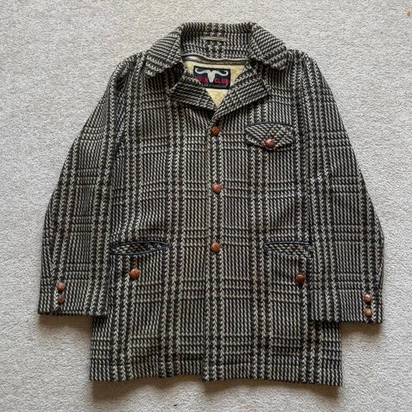 True Vtg 1950s/1960s Horn‎ Club Houndstooth Coat Jacket Sherpa Lined Insulated L - Picture 1 of 8